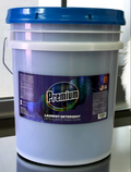 White bucket with blue lid labeled 'Premium Laundry Detergent' on a reflective surface.